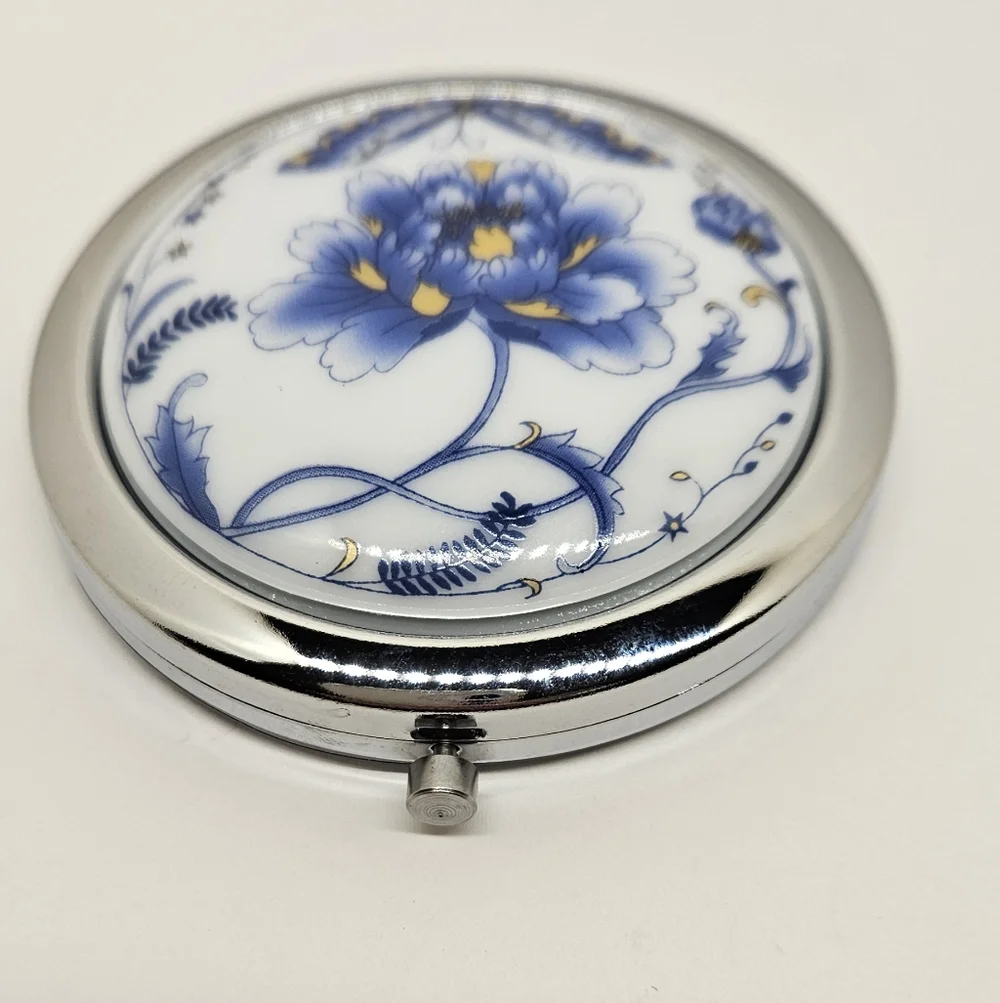 Flower Butterfly Compact Mirror Genuine Porcelain Blue White Make Up